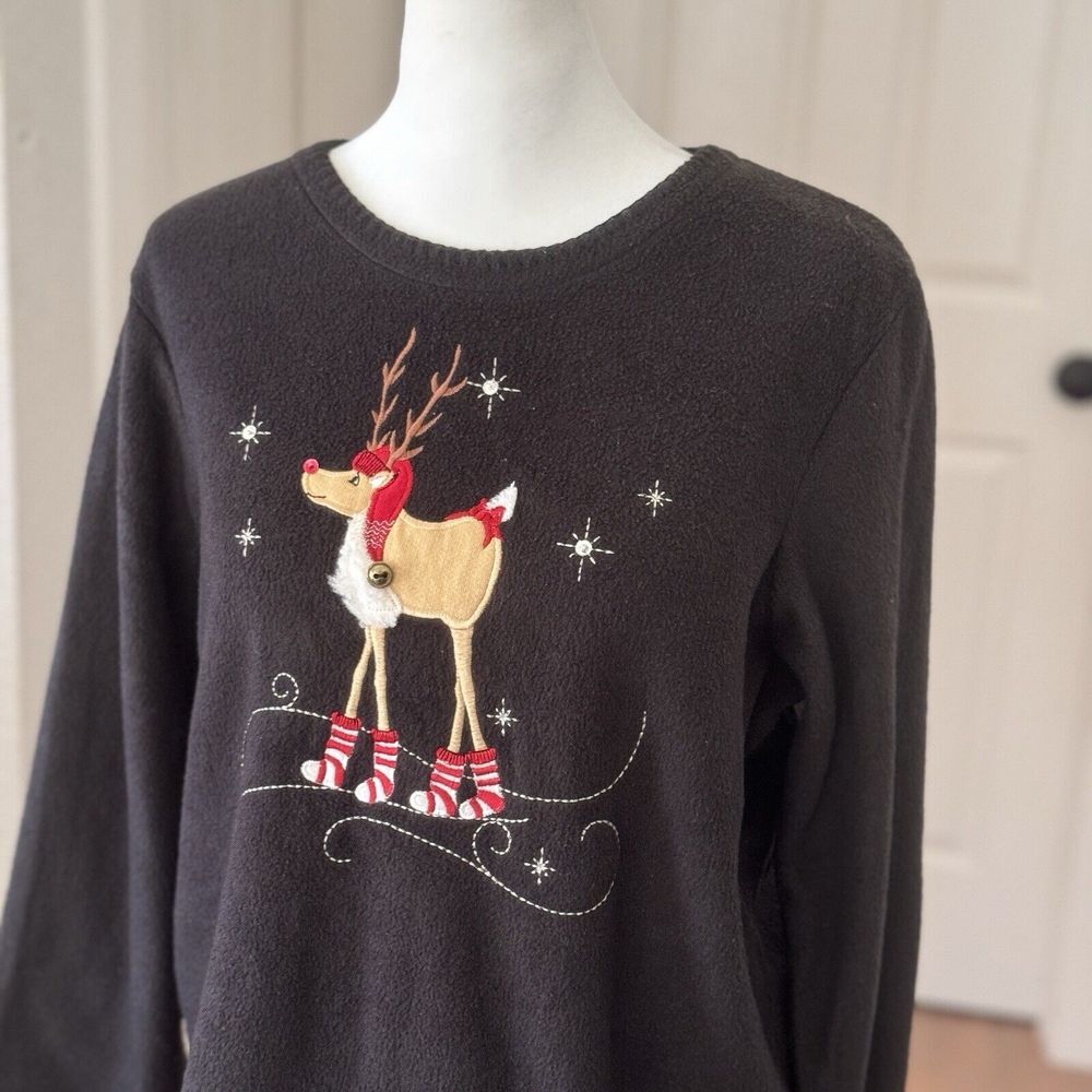 Vtg 90s Sz Small Rudolph Fleece Sequin Ugly Christmas Shirt Embroidered Applique